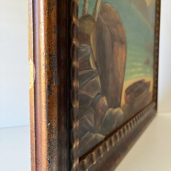 Vintage Original Tropical Seascape Oil Painting Beach Island Canoe Palms Signed - Picture 10 of 10